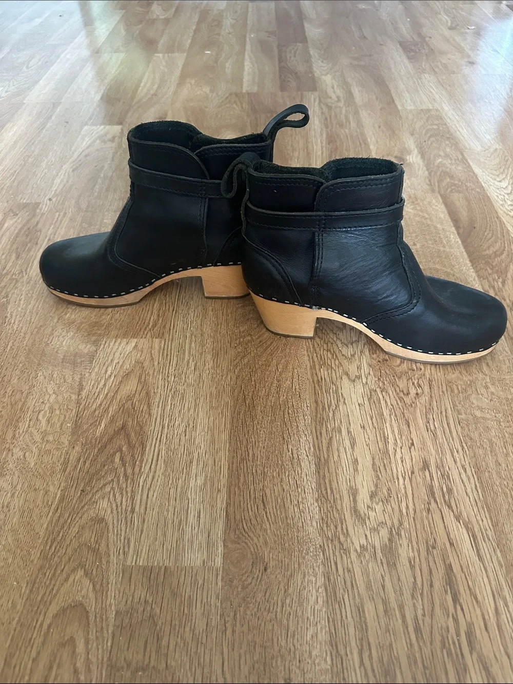 Swedish Hasbeens Black Leather Clog Ankle Boots with Natural Wood Heel